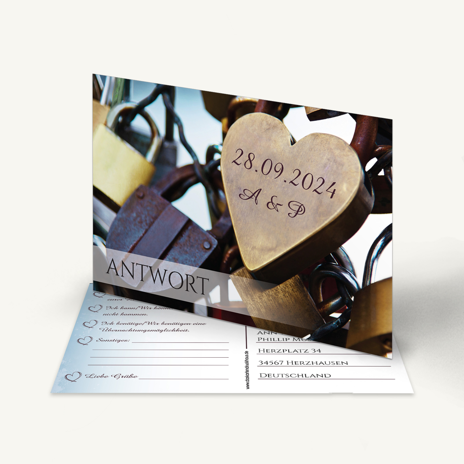 Antwortkarte mit ineinander verschlungenen Vorhängeschlössern in Gold- und Bronzetönen, Symbol für Verbundenheit.