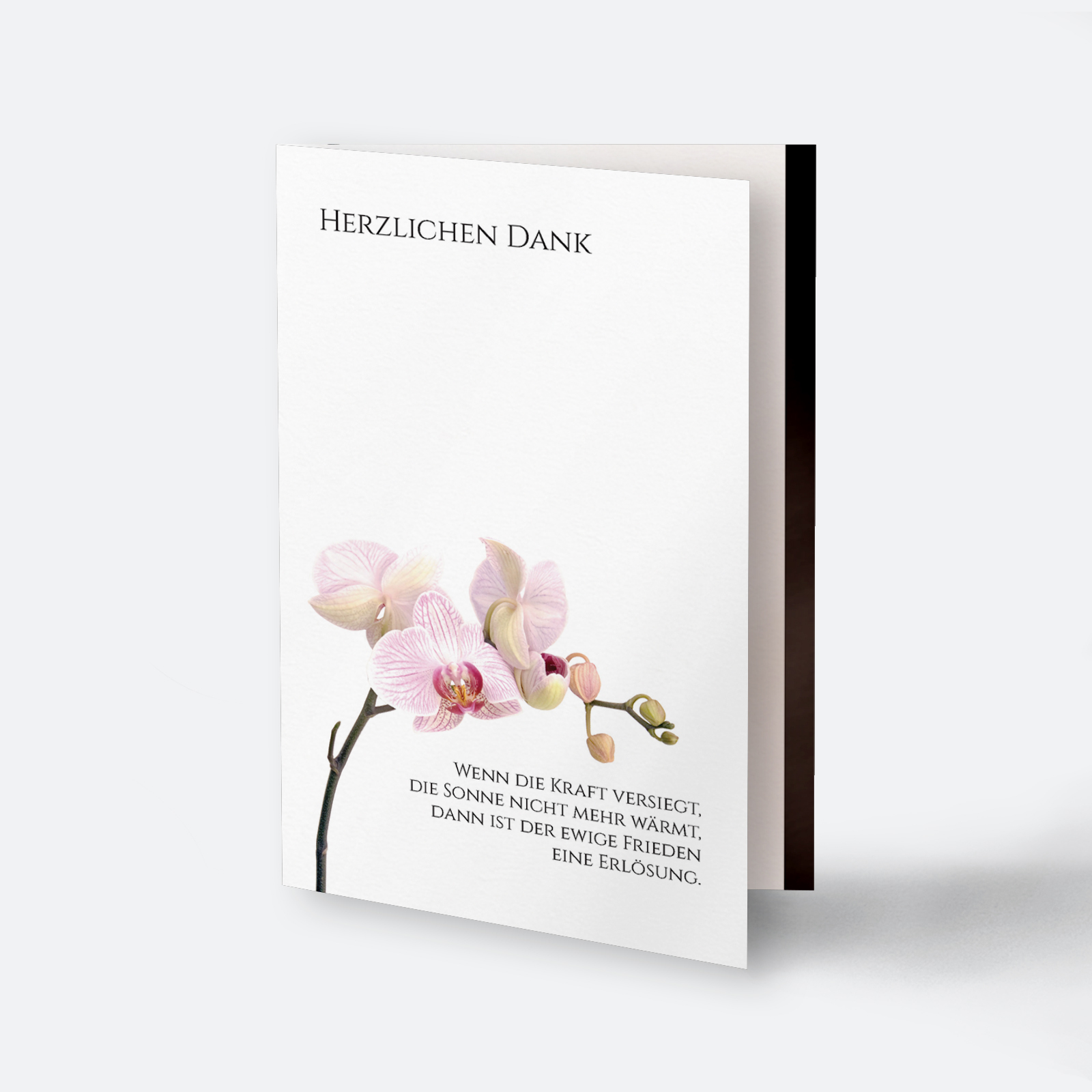 Trauer-Dankeskarte Orchideenzweig, weiße Karte mit rosa Orchideenblüte und Spruch, Aufschrift Herzlichen Dank