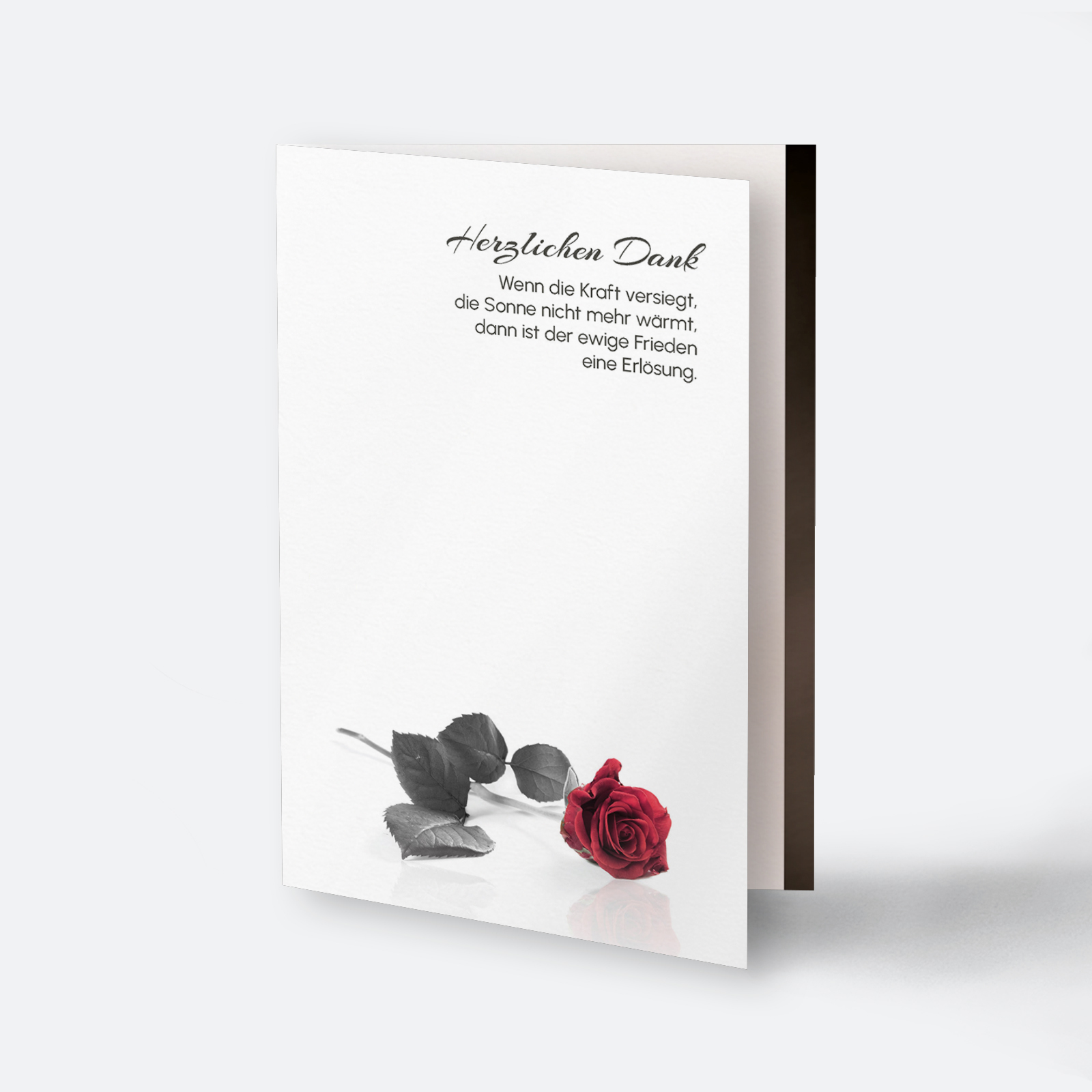Trauer-Danksagungskarte Rose Trauerrand, weiße Karte mit roter Rose und Trauerspruch, Aufschrift Herzlichen Dank