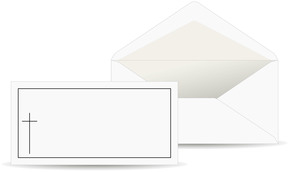 Briefumschlag weiß, grau gefüttert, schwarzer Rand und Kreuz