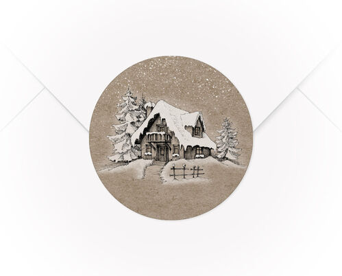 Ein A4 Bogen mit 15 Verschlussaufklebern Haus im Schnee