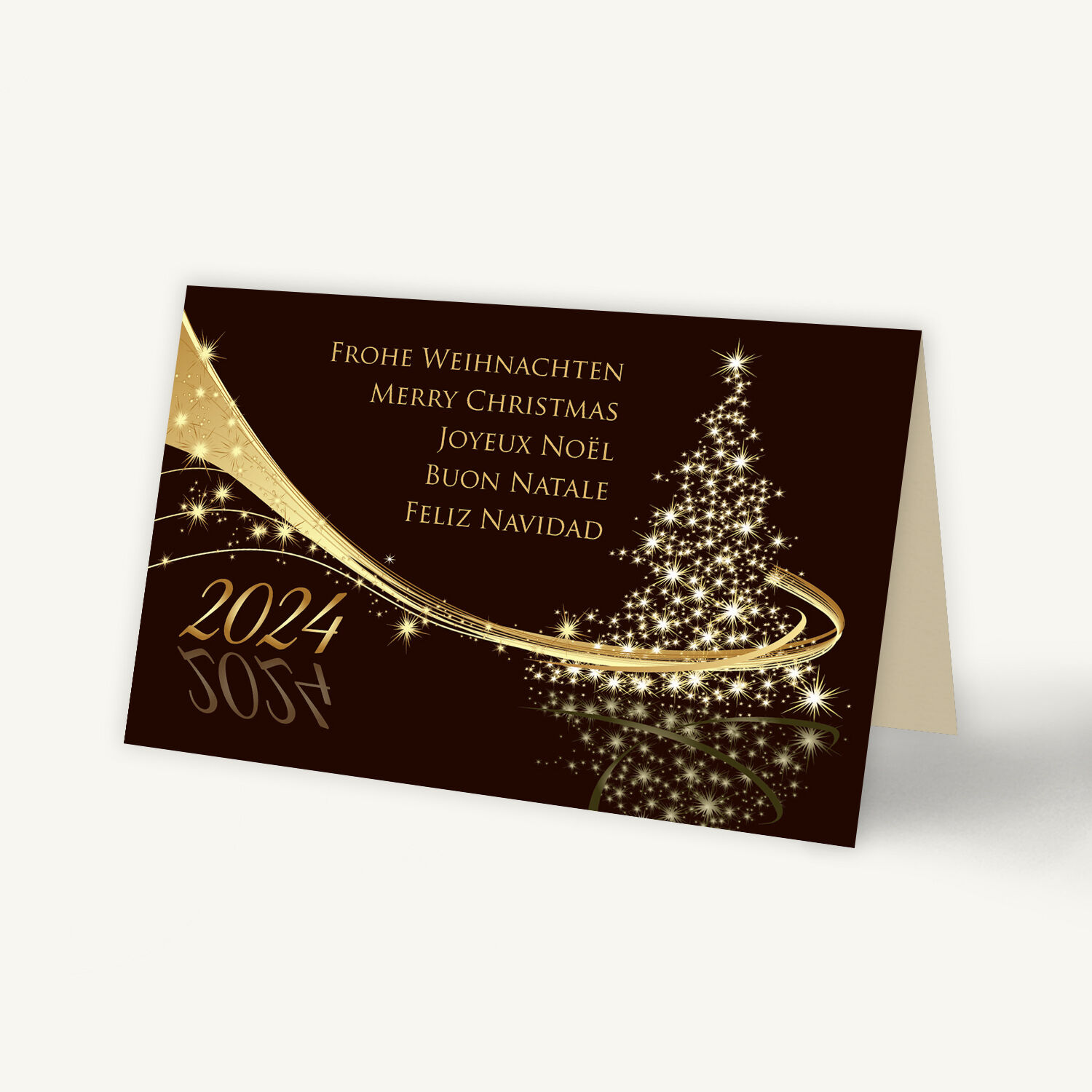 Elegante geschäftliche Weihnachtsklappkarte in dunklem Braun mit goldenem Sternenbaum und Lichtschweif.