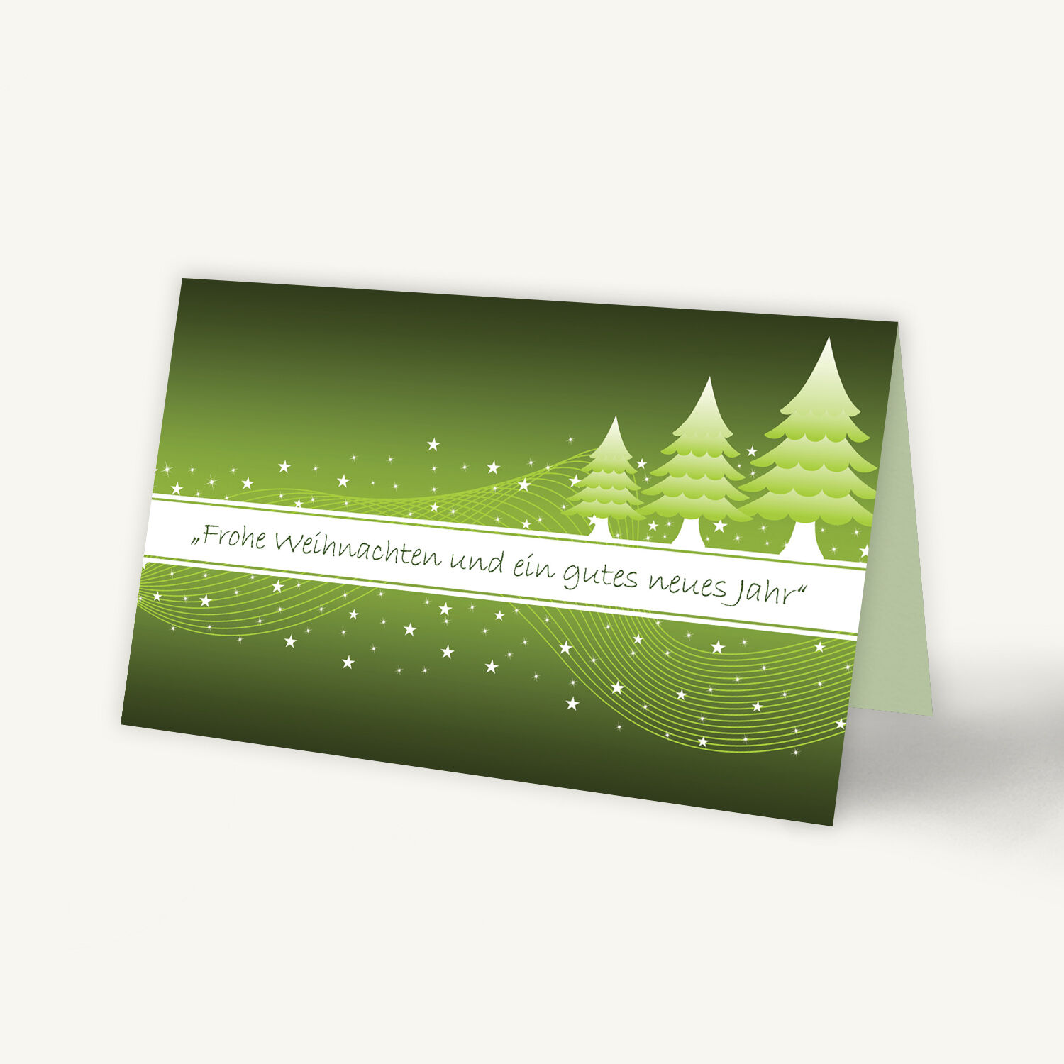 Moderne geschäftliche Weihnachtsklappkarte in Grüntönen mit stilisierten Tannenbäumen und feinen Sternlinien. Moderne geschäftliche Weihnachtsklappkarte in Grüntönen mit stilisierten Tannenbäumen und feinen Sternlinien.