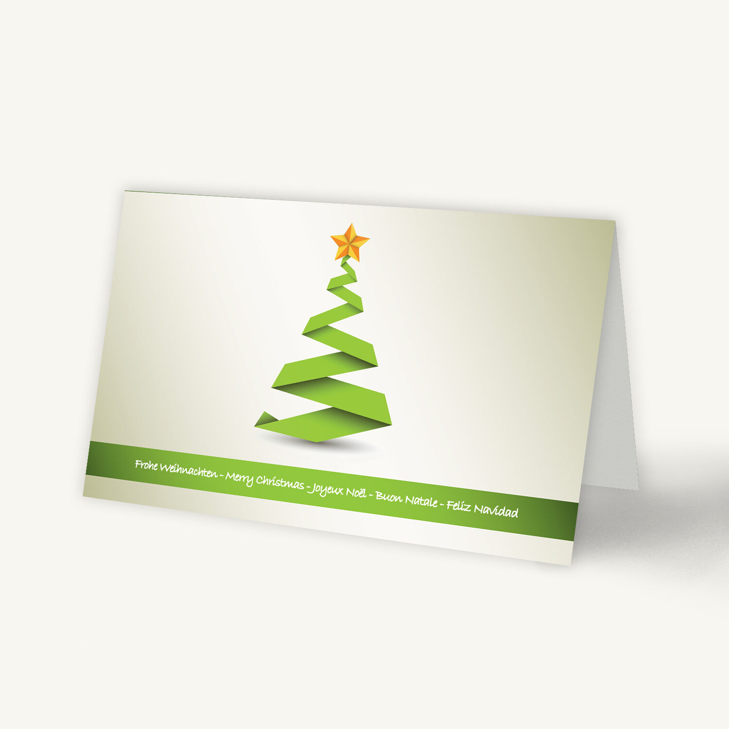 Moderne geschäftliche Weihnachtsklappkarte mit abstrahierter grüner Tannenbaumgrafik und Stern an der Spitze.