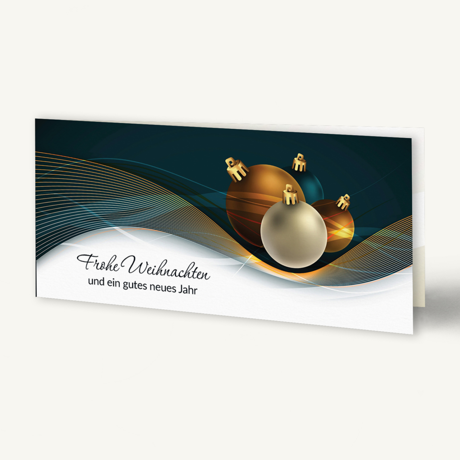 Geschäftliche Weihnachtskarte mit stilvollen Weihnachtskugeln, geschwungenen Linien und edler Farbwirkung.